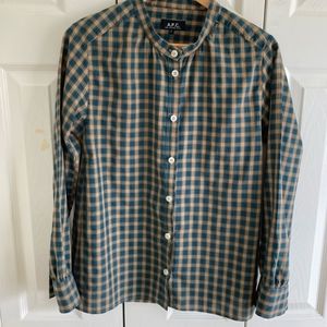 A.P.C. Cotton Plaid Blouse Teal & Tan size L